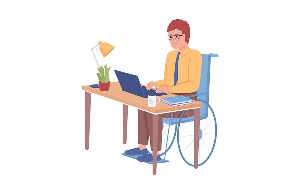 Disabled person at work semi flat color vector character