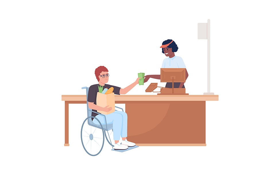 Disabled person at supermarket semi flat color vector characters