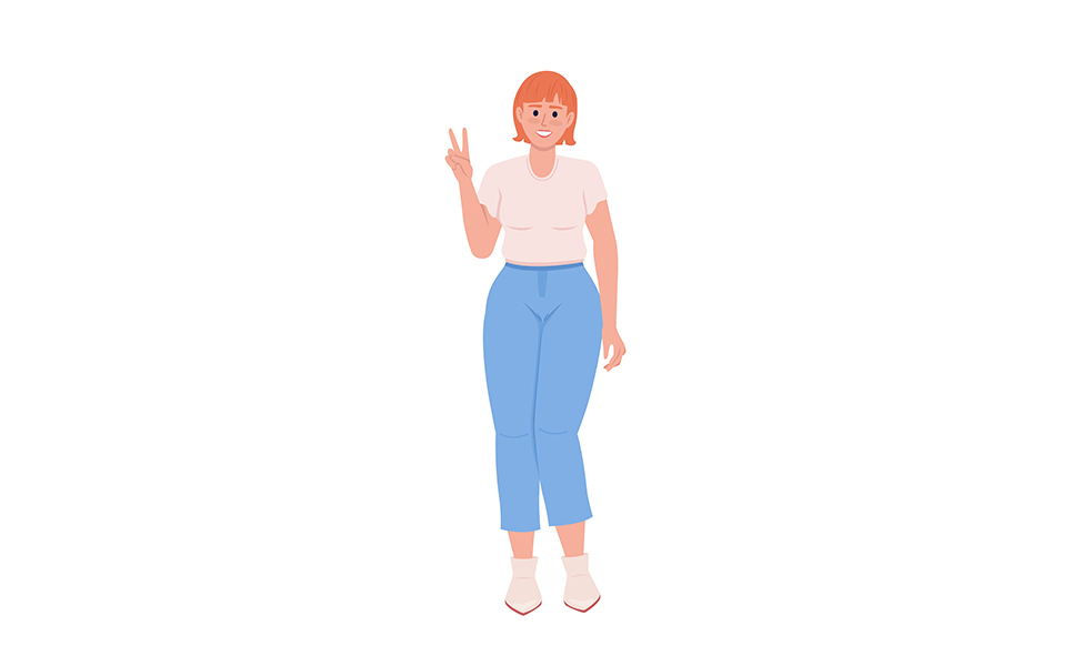 Lady showing peace gesture semi flat color vector character