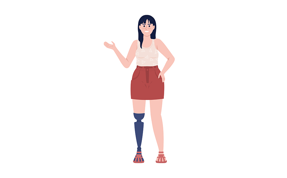 Happy lady with disability semi flat color vector character