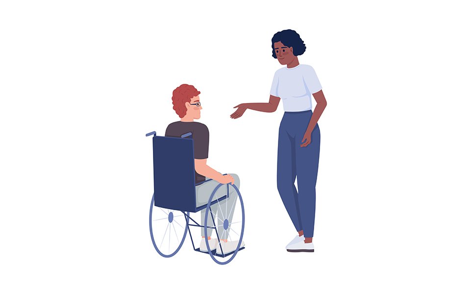 Lady offers help to disabled man semi flat color vector characters