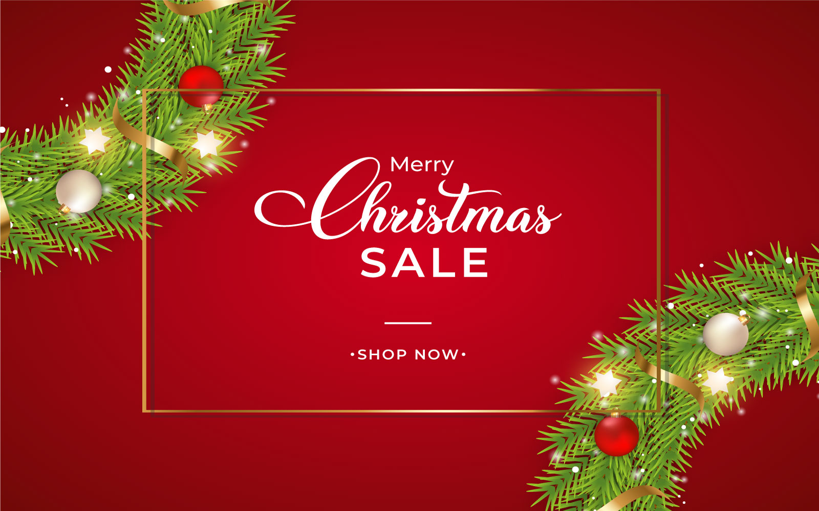 Christmas Sales Banner with Green leaves and red background