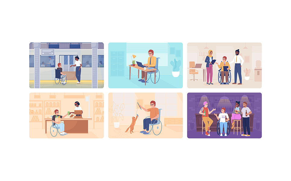 Disabled person lifestyle 2D vector isolated illustration set