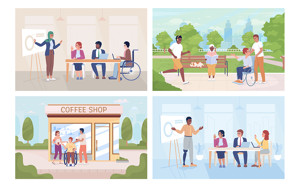 Work and life balance 2D vector isolated illustration set