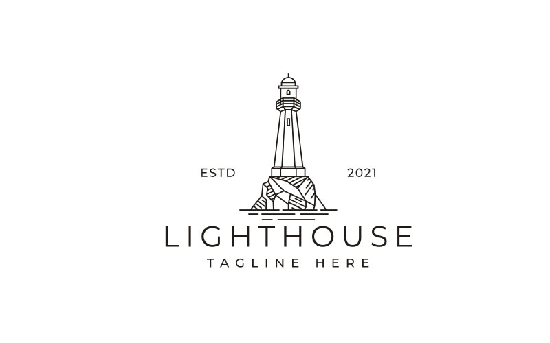 Line Art Lighthouse Searchlight Beacon Tower Island Beach Coast Logo Design