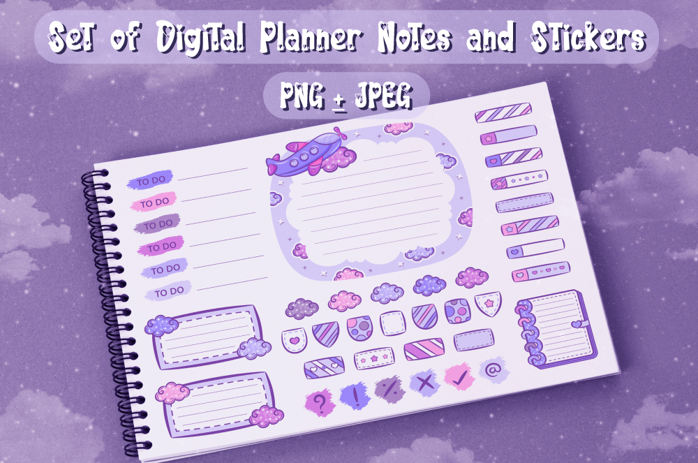 Set of purple digital planner notes and stickers