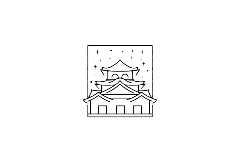 Vintage Hipster Line Art Japanese Castle Logo Illustration