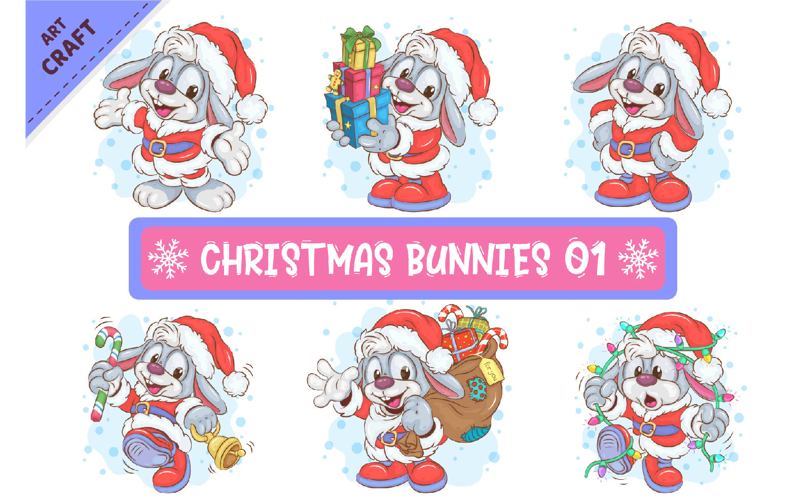 Set of Christmas Bunnies 01. Clipart.