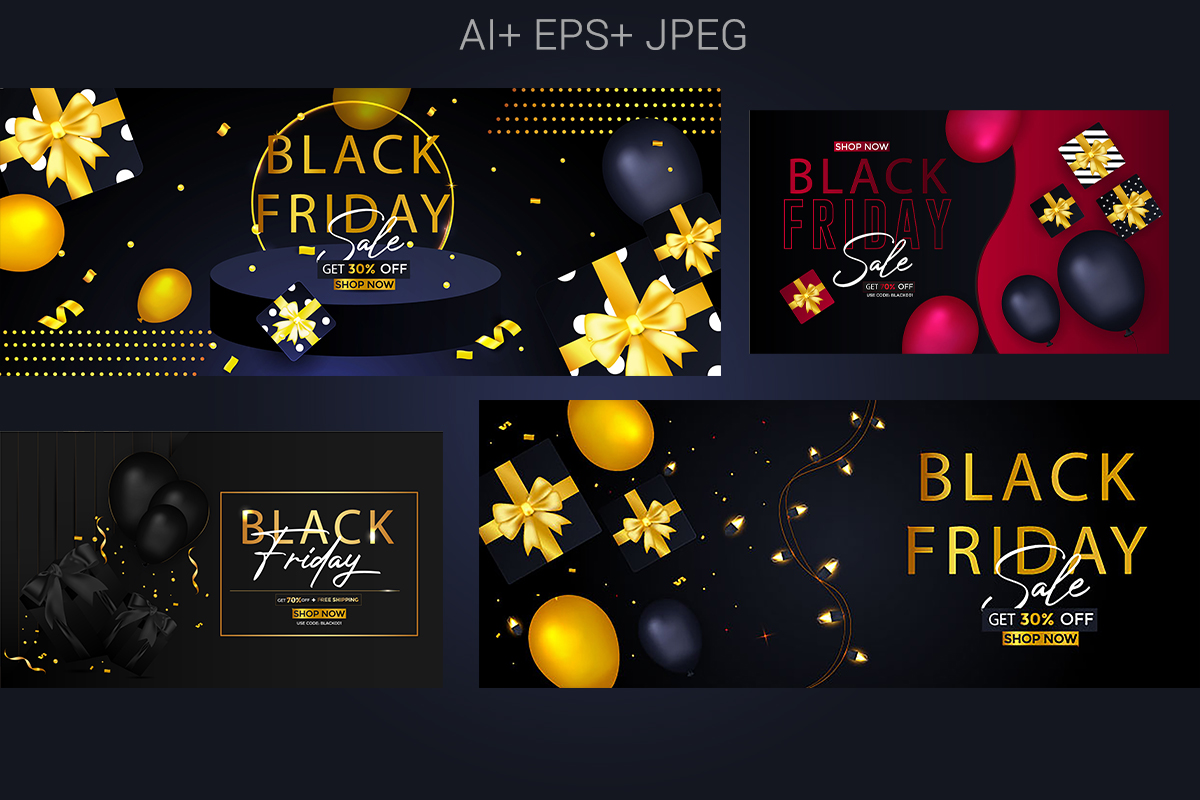 Black Friday Sale Banner With Gifts And Balloons Bundle