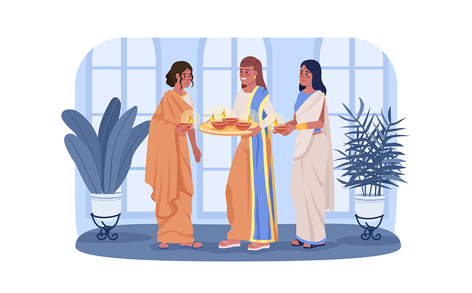 Women with burning diyas on Diwali 2D vector isolated illustration