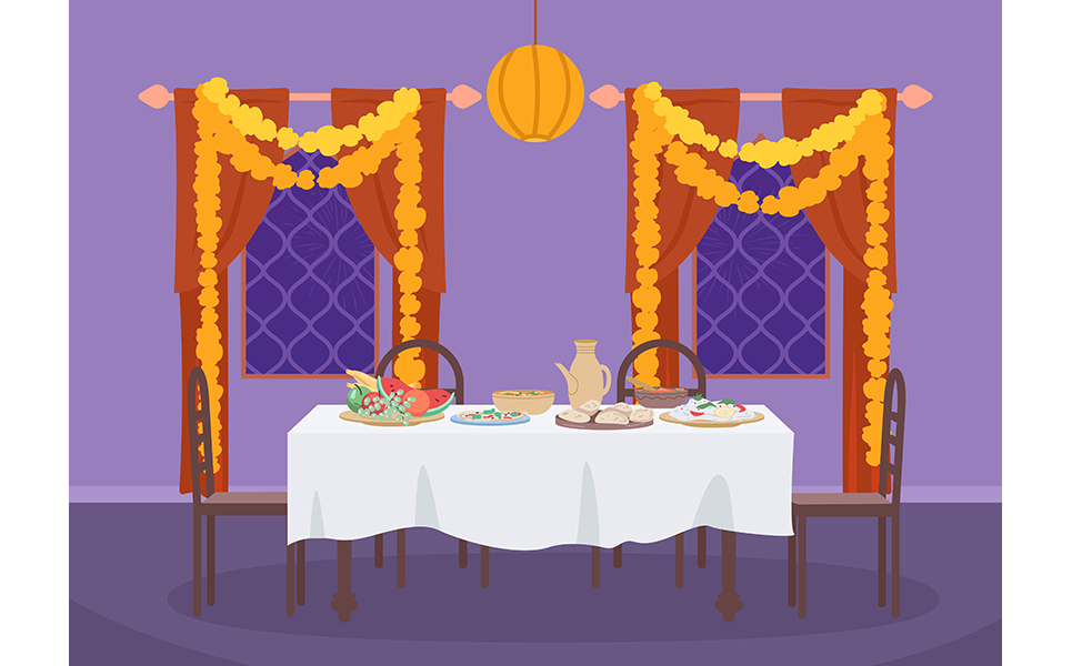 Served table for Diwali dinner flat color vector illustration