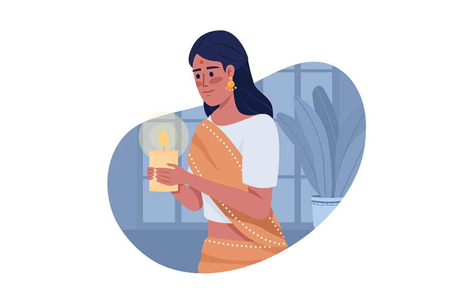 Woman with candle celebrating Diwali 2D vector isolated illustration
