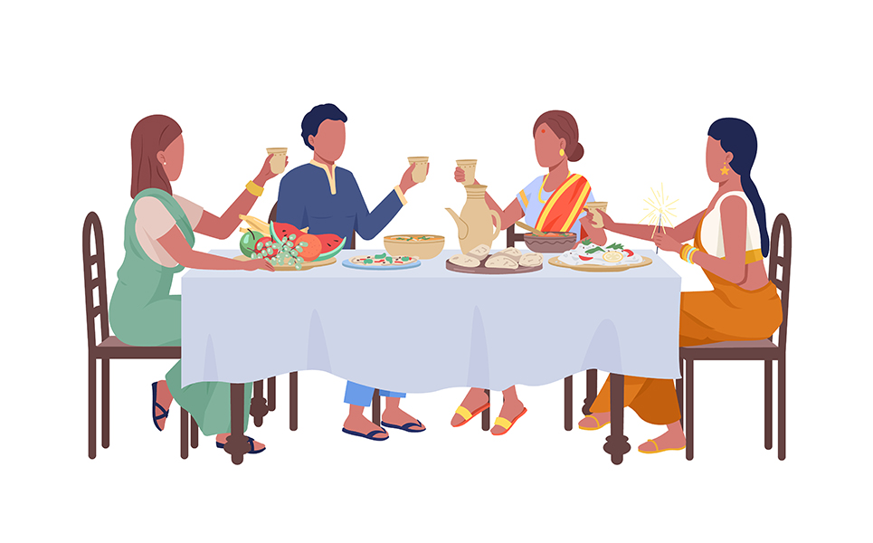 Fiends at festive dinner semi flat color vector characters