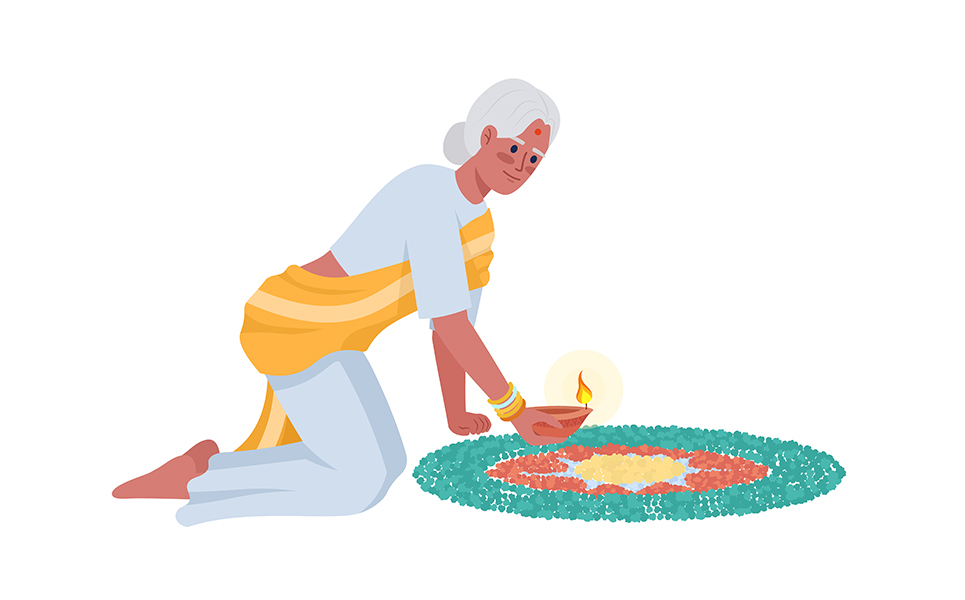 Senior woman with mandala and diya semi flat color vector character