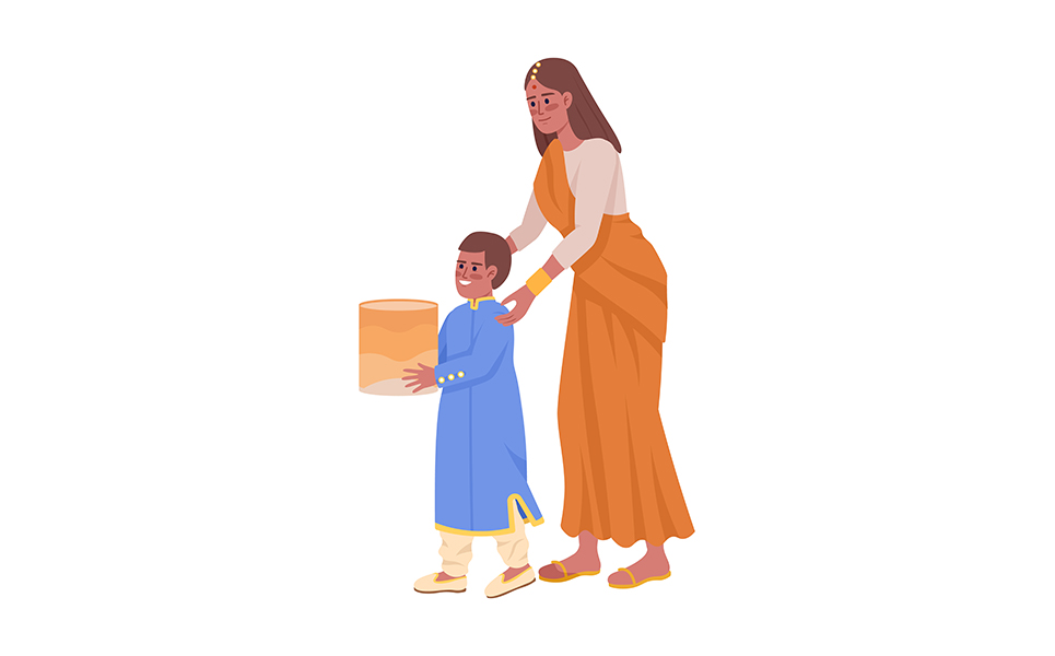 Mother with son launching sky lantern semi flat color vector characters
