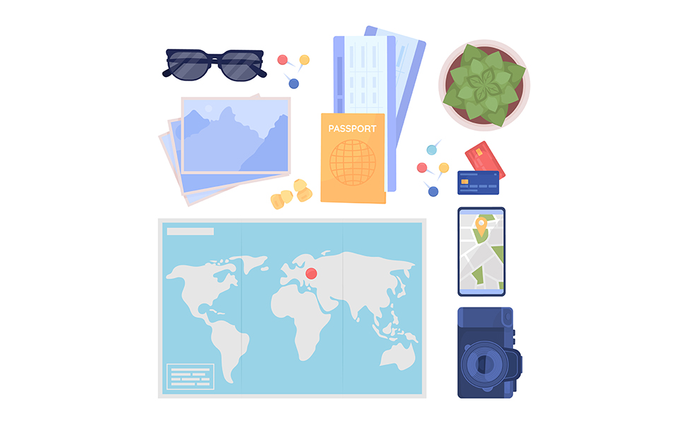 Travel equipment semi flat color vector object set