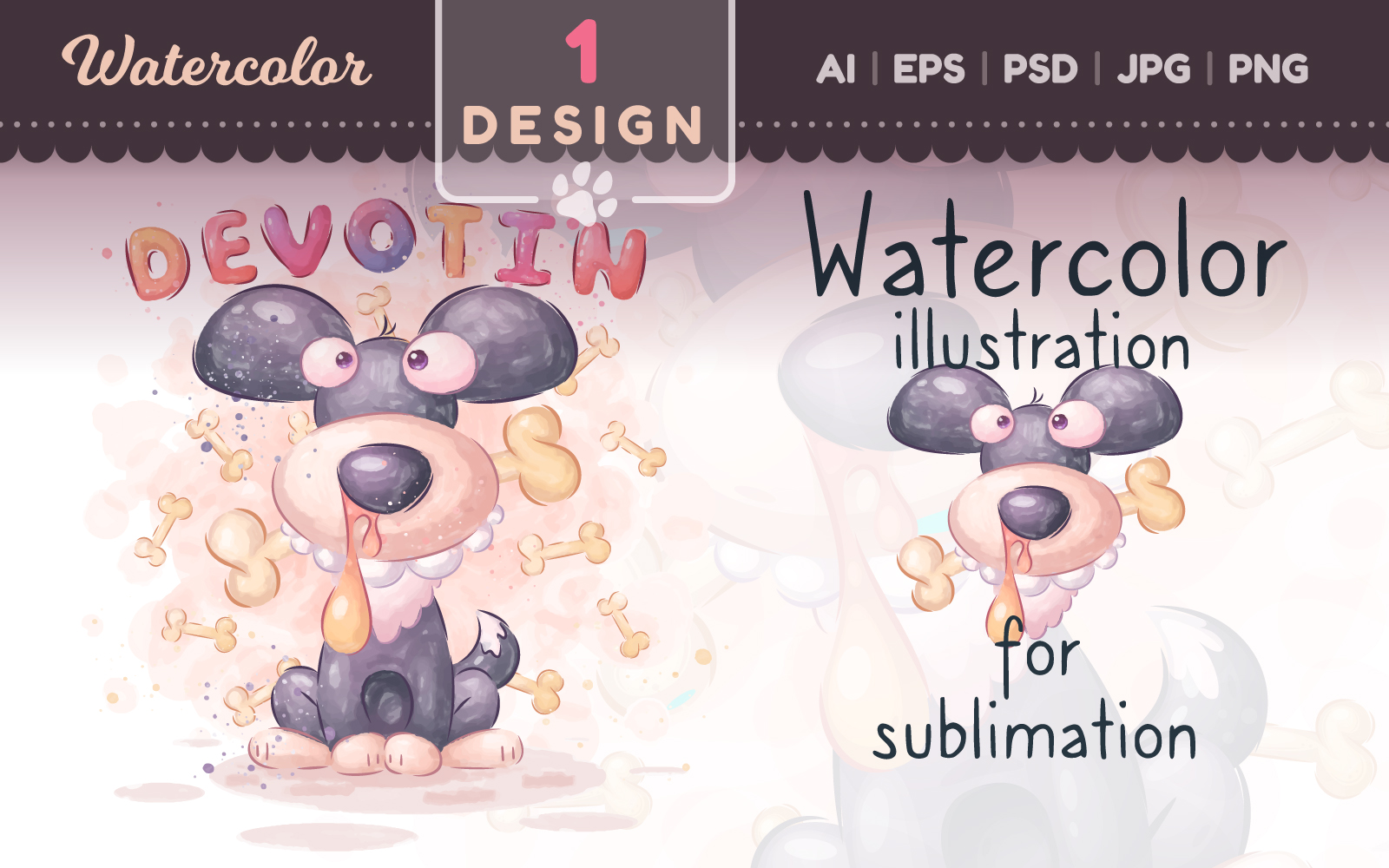 Watercolor Dog and Bone | Cartoon PNG