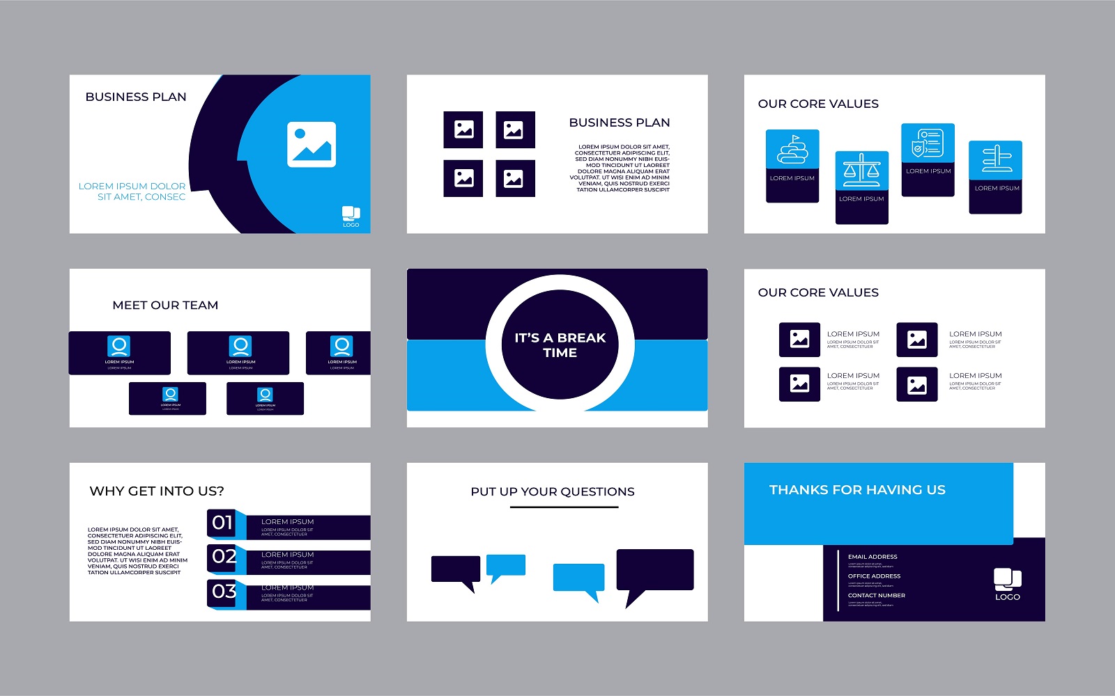 Unique 9 Pitch Deck Presentation Design Template. Geometric Abstract Shapes Composition