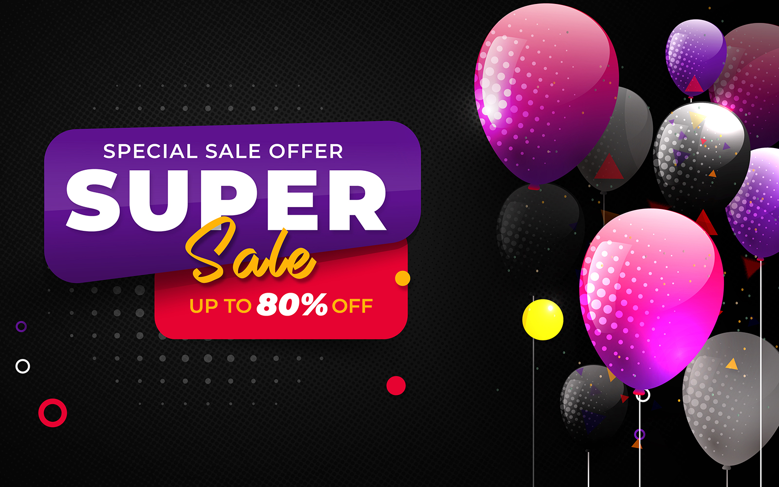 Super Realistic Sale Discount Dark Background With Shiny Beautiful Balloons and Flying Design