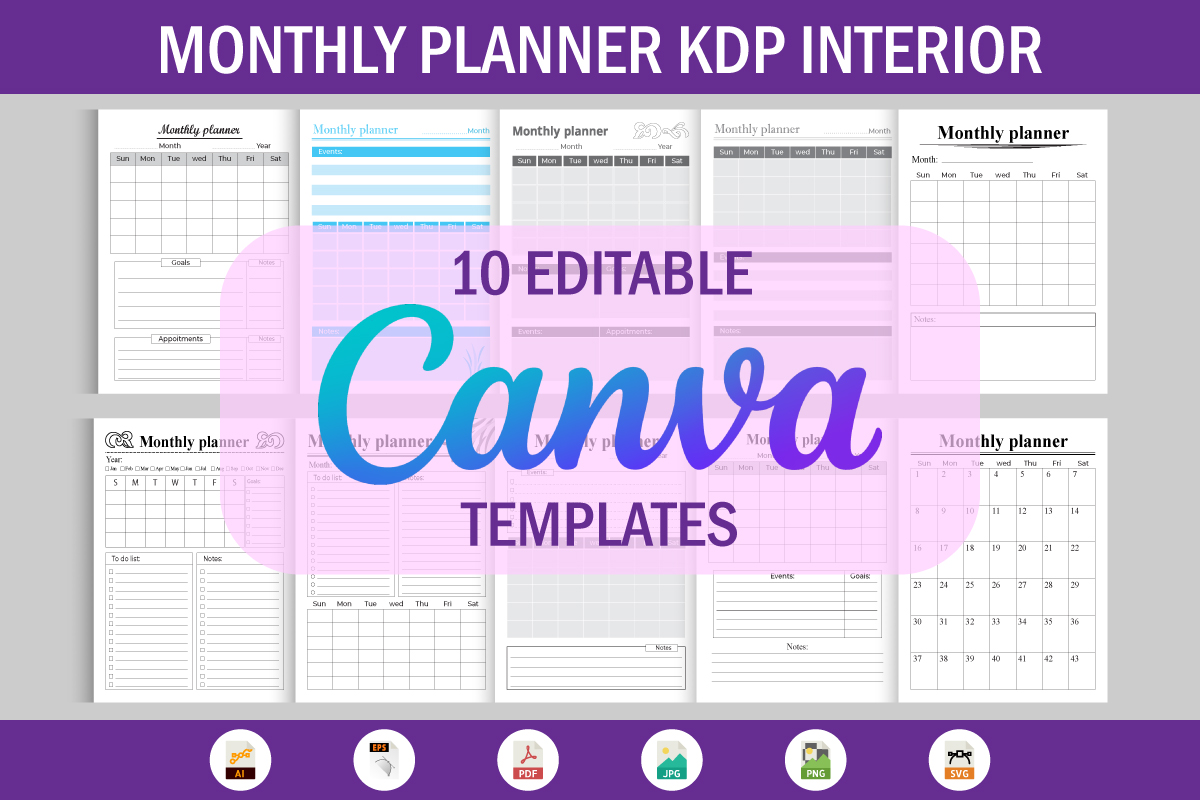 10 Editable Canva Templates Monthly Planner for KDP