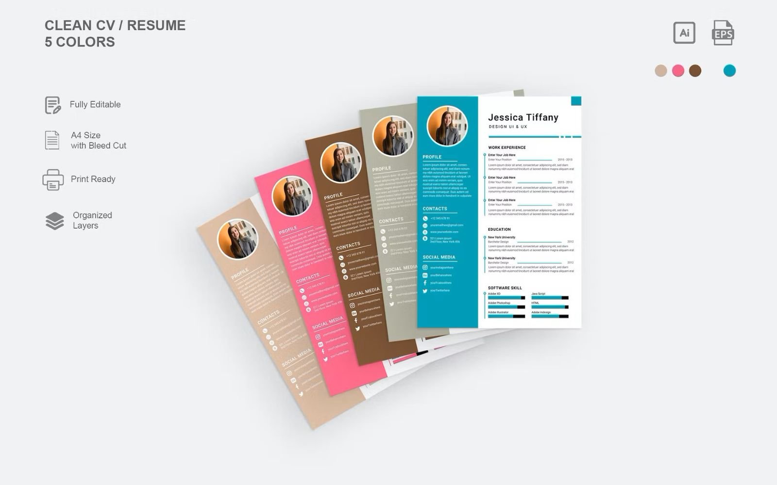 Resume Template with 5 different Colors