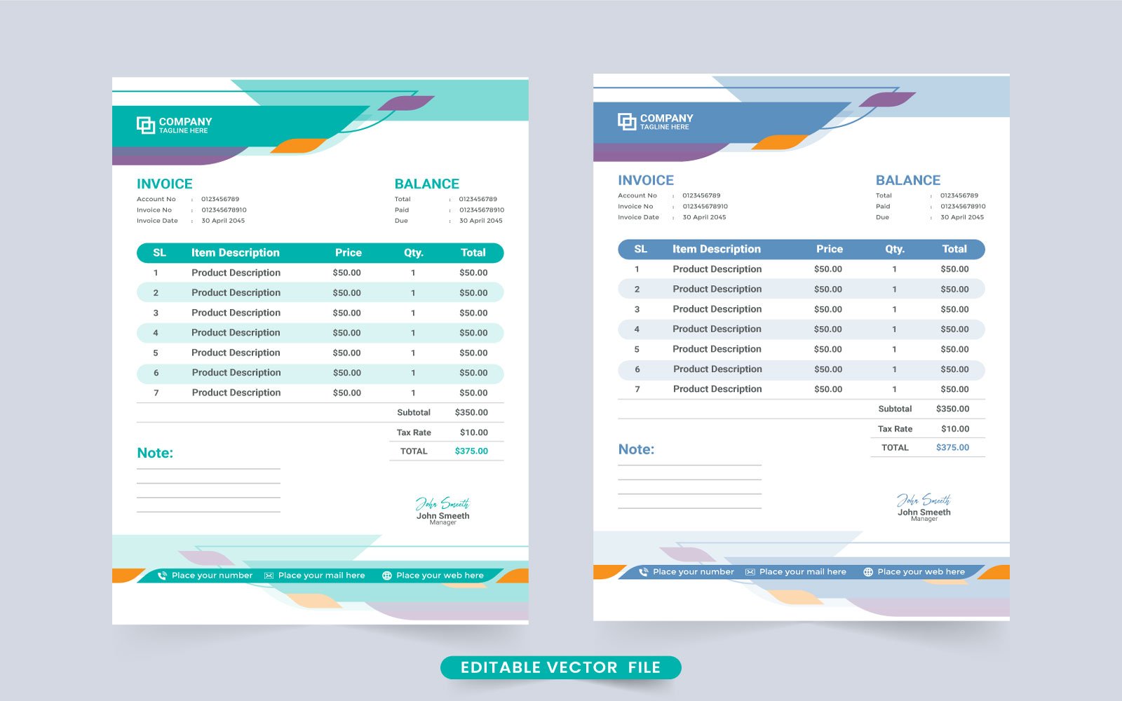 Corporate Invoice Template Vector Design