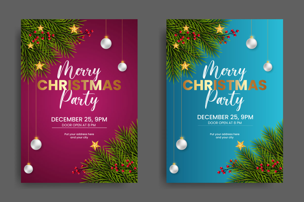 Christmas Party Flyer Or Poster Design Template Decoration With Pine Branch And Christmas Ball