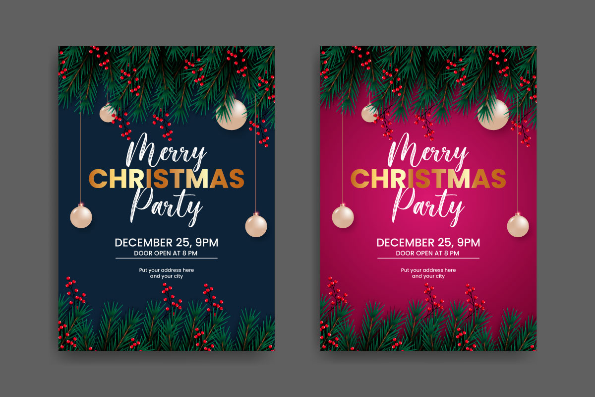 Christmas Party Flyer Or Poster Design Template Decoration With Pine Branch And  Ball Decoration