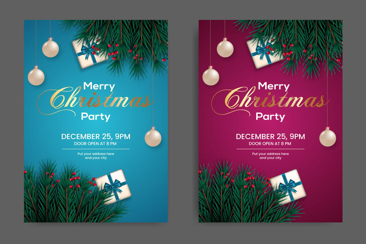 Christmas Party Flyer Or Poster Design Template Decoration With Pine Branch And Bal