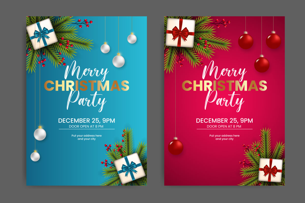 Christmas Party Flyer Or Poster Design Template Decoration With Pine Branch