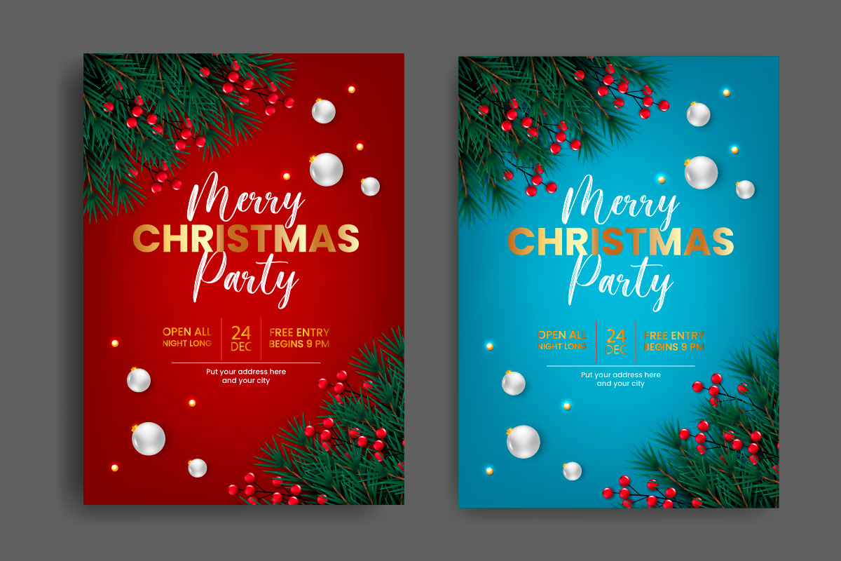 Christmas Party Flyer Or Poster Design Template  With Pine Branch  Decoration