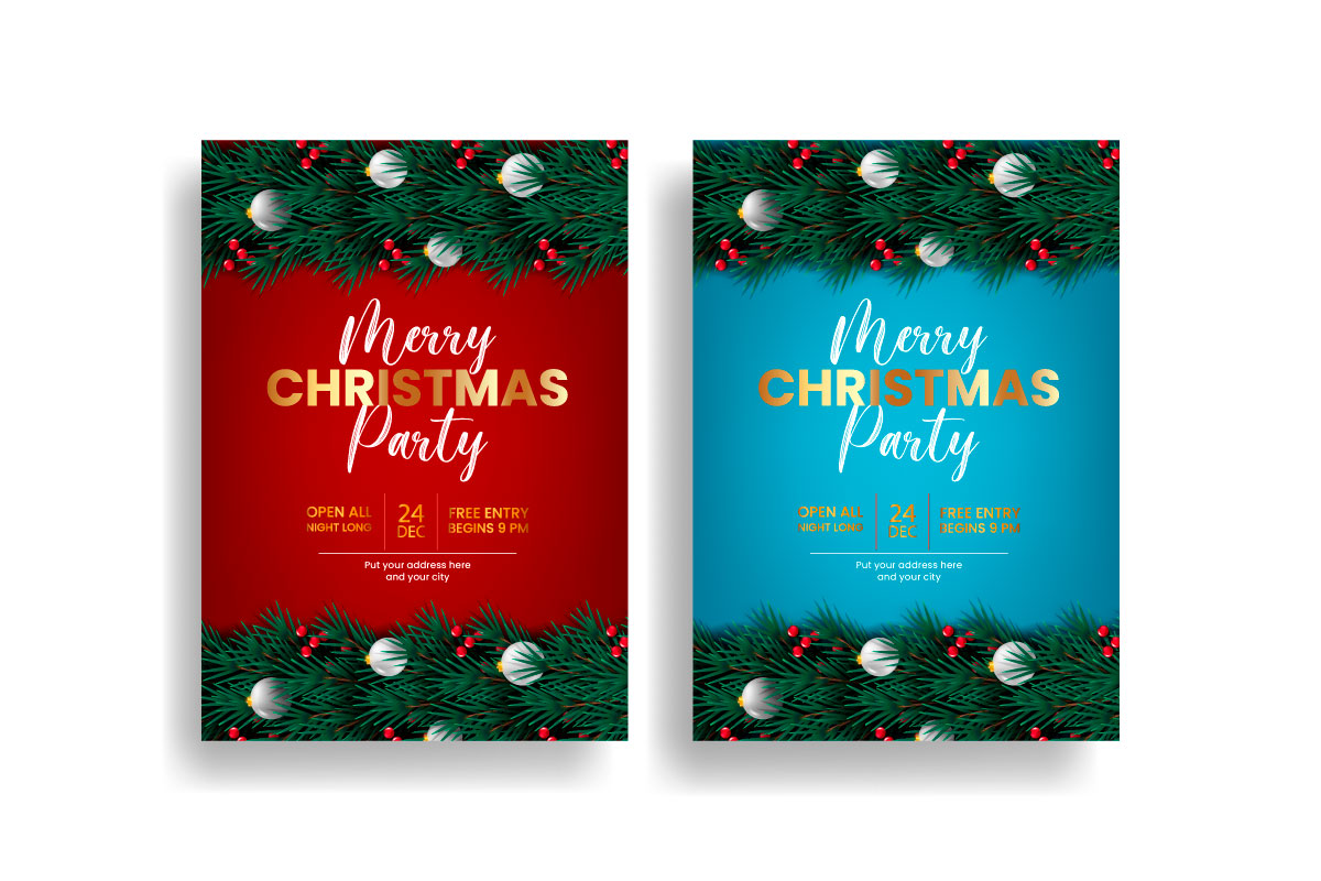 Christmas Party Flyer Or Poster Design Template  With Pine Branch And Christmas Bal