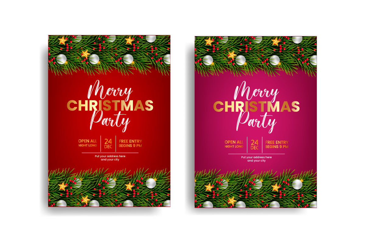 Christmas Party Flyer Or Poster Design With Pine Branch And Christmas Bal