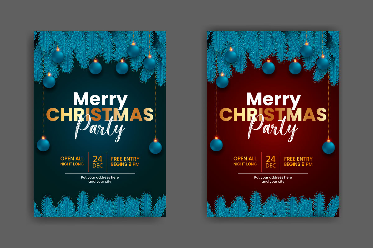 Christmas Party Flyer Or Poster Design Template Decoration With Pine Branch And  Star