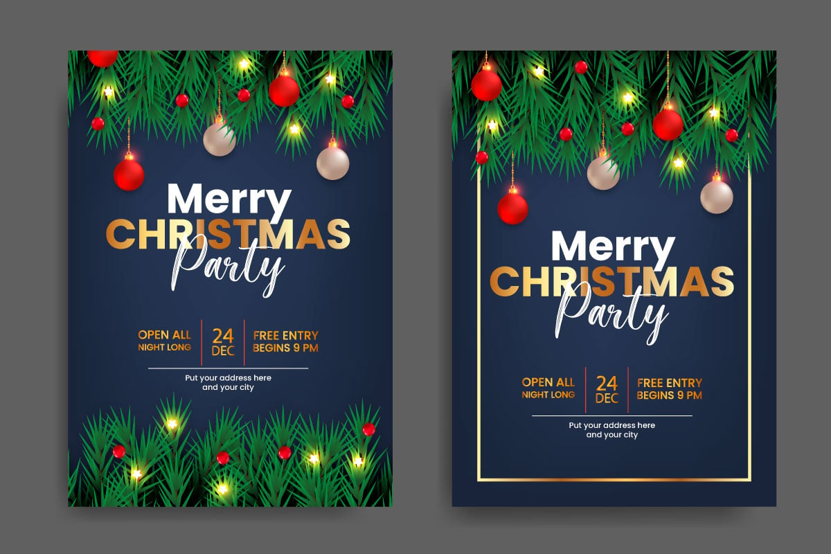 Christmas Party Flyer Or Poster Design Template  With Pine Branch  And Ball