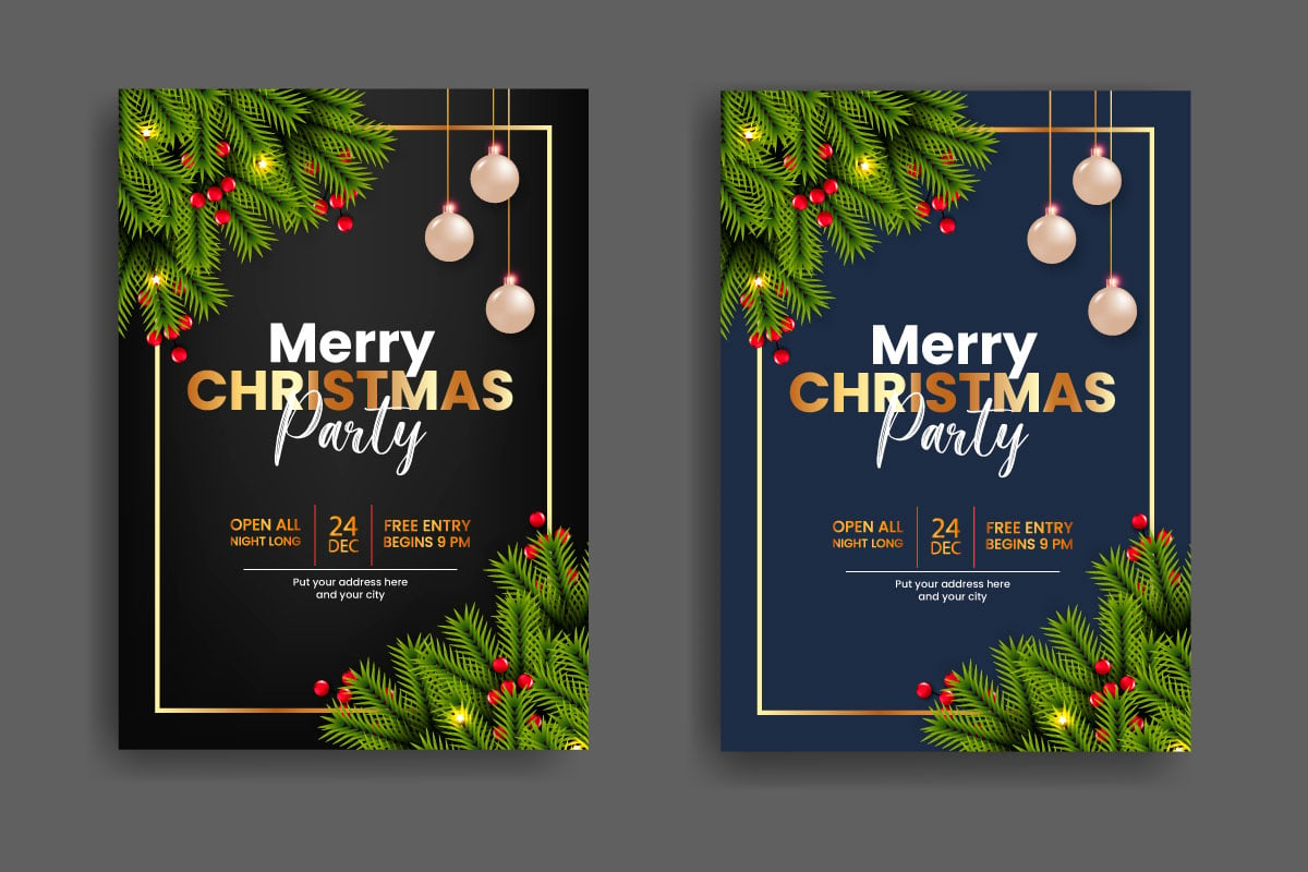 Christmas Party Flyer Or Poster Design Template Decoration With Christmas Ball  And  Pine Branch