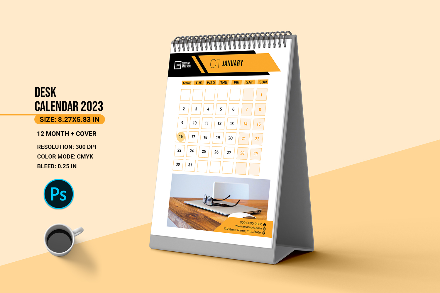 Desk Calendar 2024 Template. Psd Template