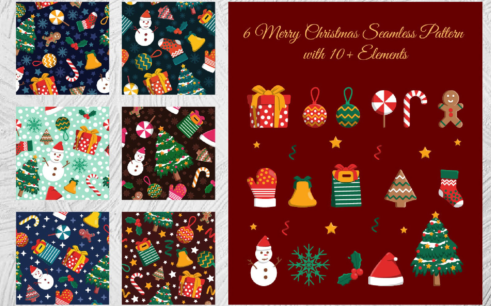 6 Merry Christmas Seamless Pattern with 10+ Elements