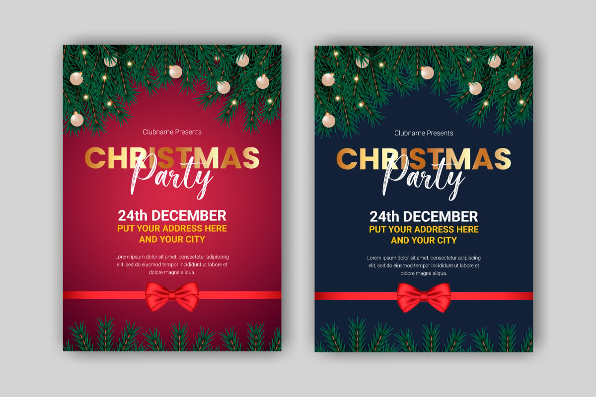 christmas party flyer or poster design template decoration with pine branches