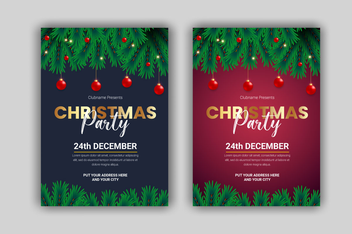 christmas party flyer or poster design template decoration with pine branch and christmas balls