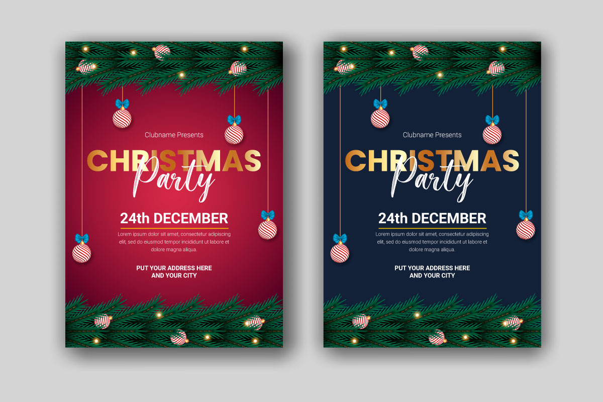 christmas party flyer or poster design template decoration with christmas ball and  pine branch