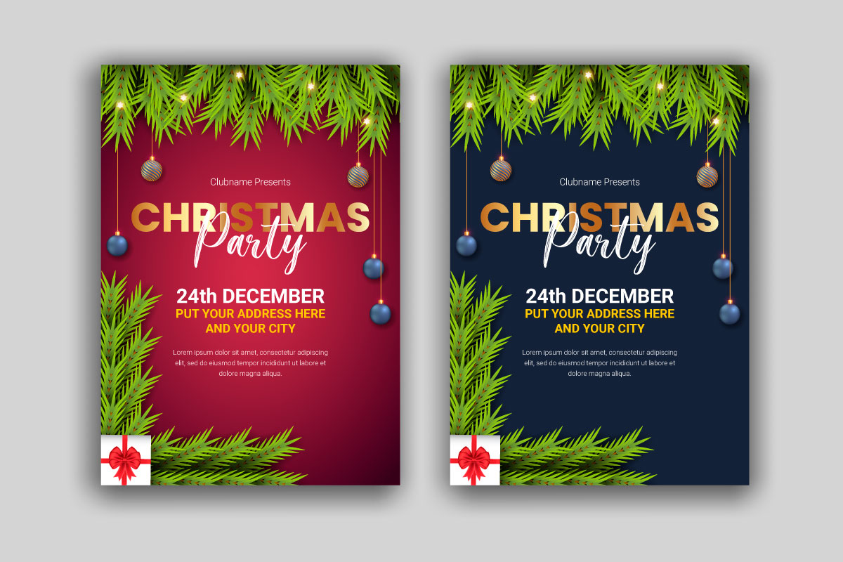 christmas party flyer or poster design template  design  decoration with pine branch