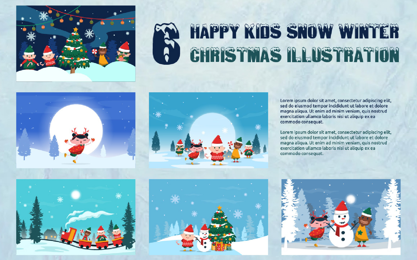 6 Happy Kids Snow Winter Christmas Illustration