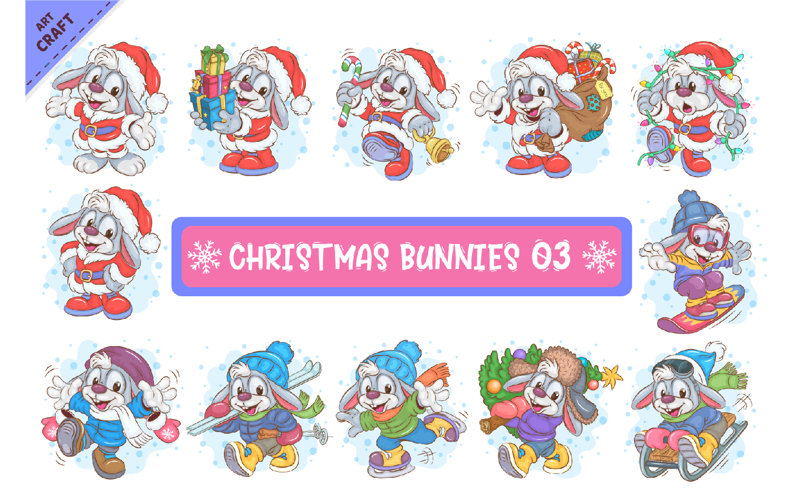 Bundle of Christmas Bunnies 03. Clipart.