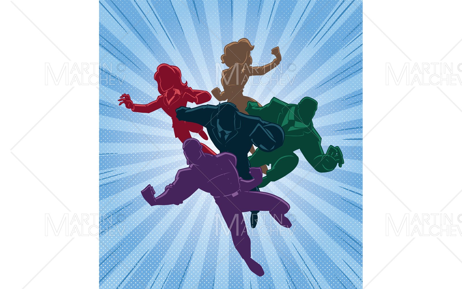 Super Business Team Colorful Silhouettes to Rescue Vector Illustration