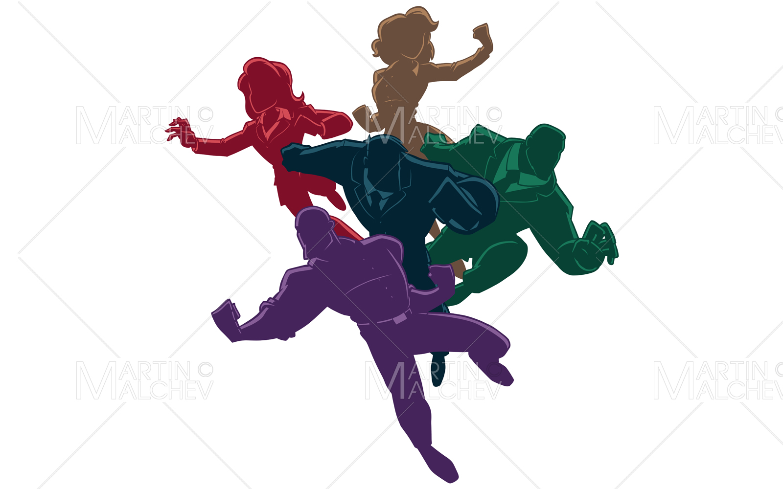 Super Business Team Silhouettes Colorful on White Vector Illustration