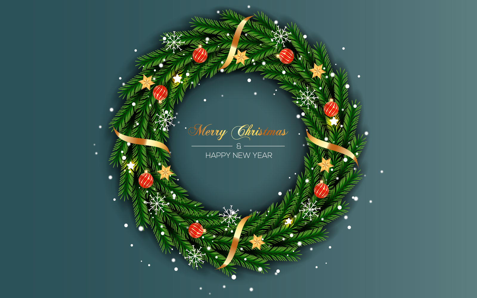 Christmas wreath with decorations   color background with pine branch