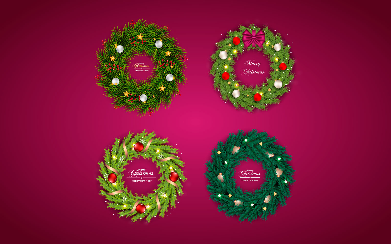 Christmas wreath with decorations on color background with pine branch and star