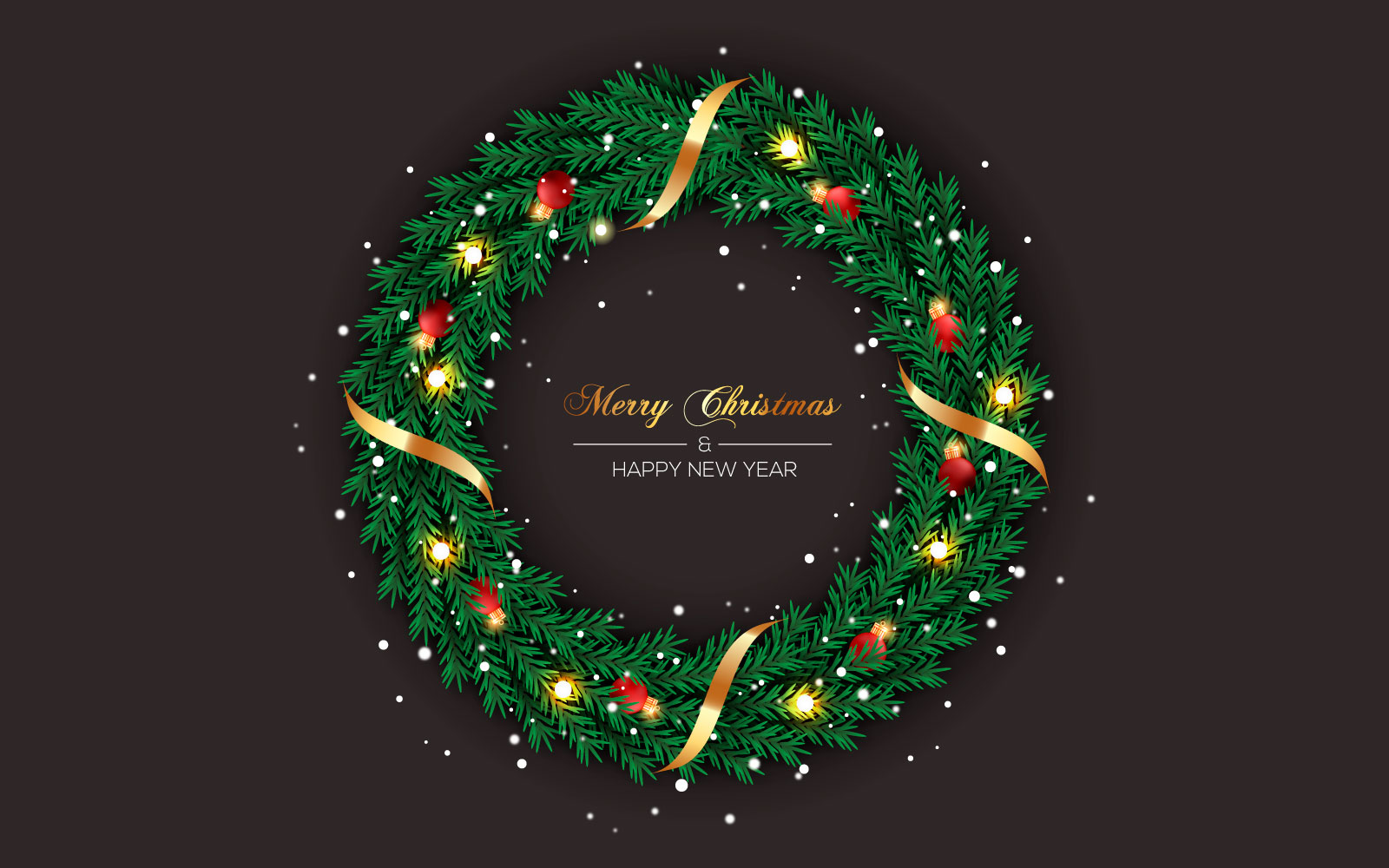 Christmas wreath with decorations on color background with pine branch and stars