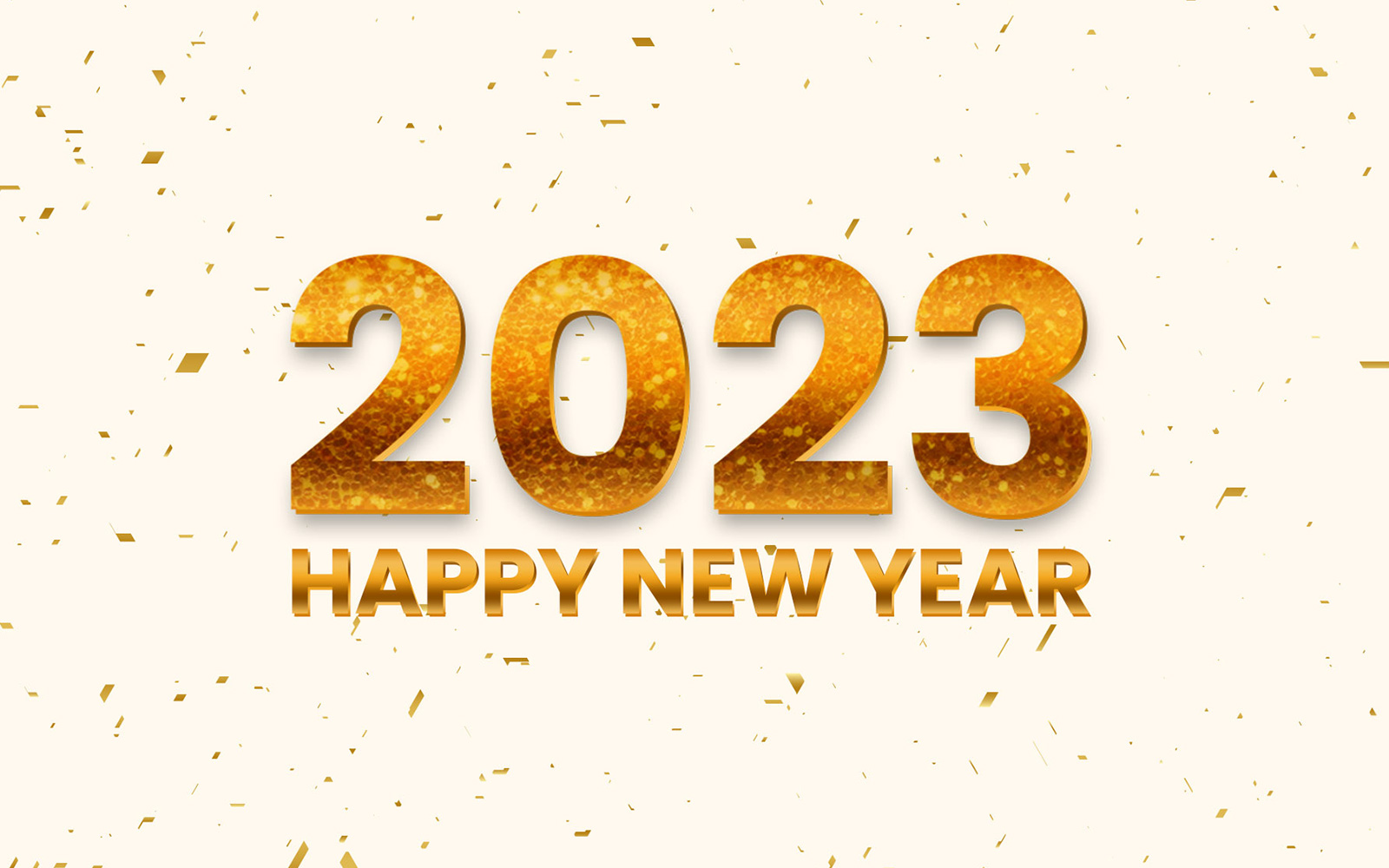 Beautiful and realistic happy new year 2023 golden 3d elements with confetti background